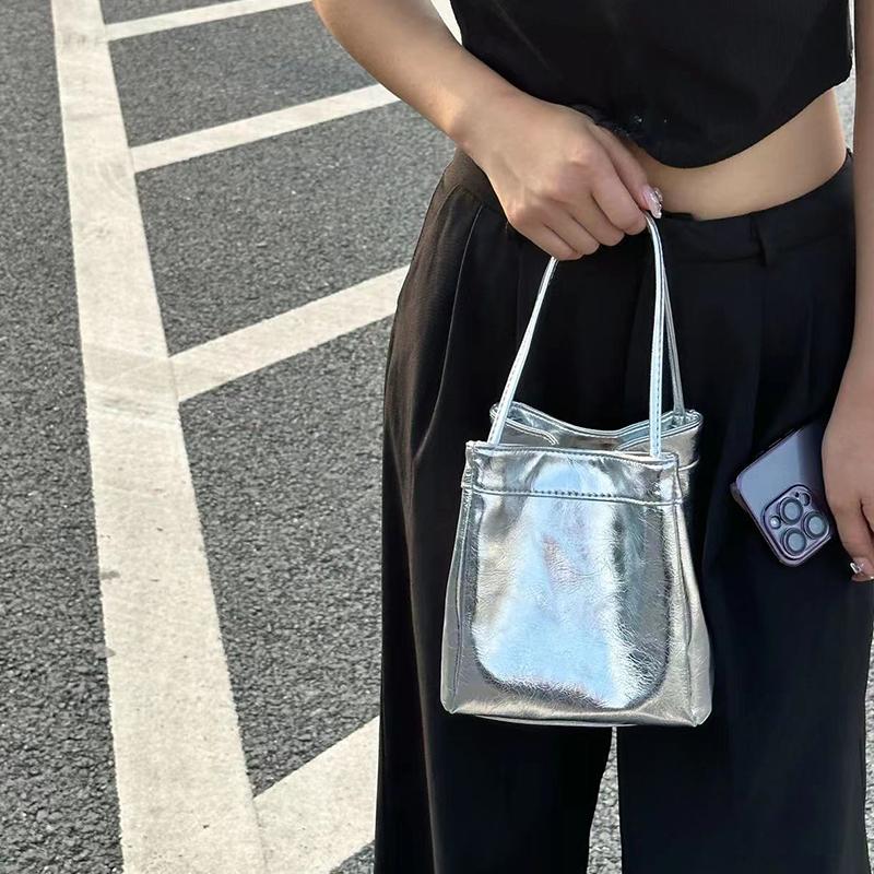 Yogodlns damska jednokolorowa mała górna rączka torebka typu Bucket Vintage PU Leather All-match Chic Tote Bag