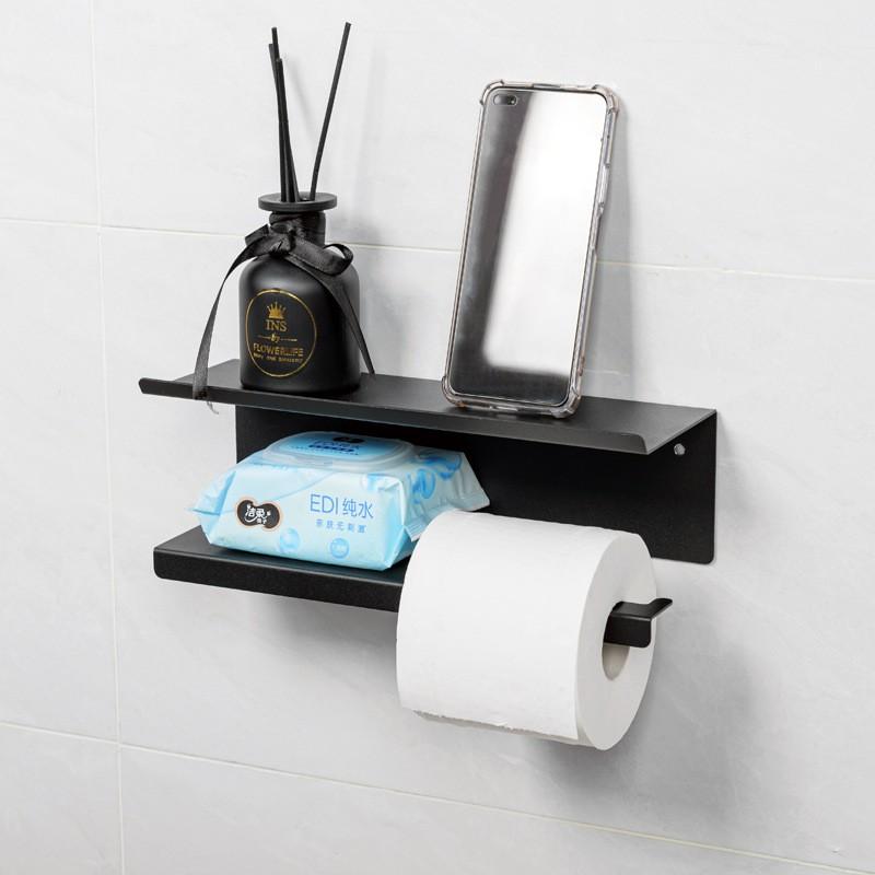 Wall Mounted Toilet Paper Holder Bathroom - No Drill Adhesive Or Screw Installation Black Metal Square Design Modern
