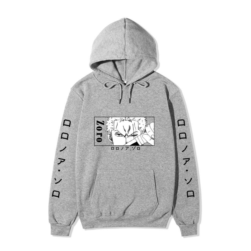 One Piece Hoodie, Roronoa Zoro Manga Graphic Japanese Letter Sleeve Print Pullover Sweatshirt Unisex Streetwear