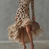 Women's Leopard Print Long Sleeve Deep V-Neck Asymmetric Ruffle Hem Dress