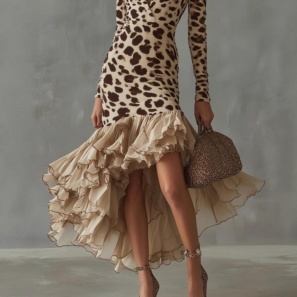Women's Leopard Print Long Sleeve Deep V-Neck Asymmetric Ruffle Hem Dress