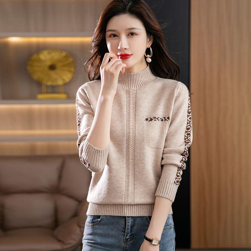 Half Turtleneck Warm Sweater for Women Short Solid-color Loose Knitted Sweater for Autumn and Winter Casual Long-sleeved Pullover