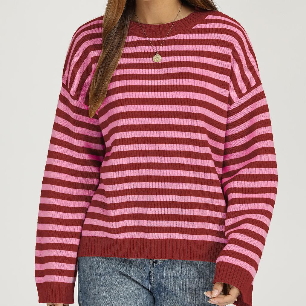 Women's Casual Striped Round Neck Long Sleeve Pullover Sweater for Everyday Wear