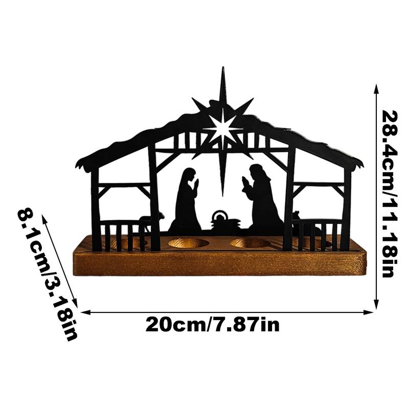 Christmas Candle Holder Metal Nativity Scene Candlesticks Decorative Candle Stand Holiday Candle Holder With Wood Base For