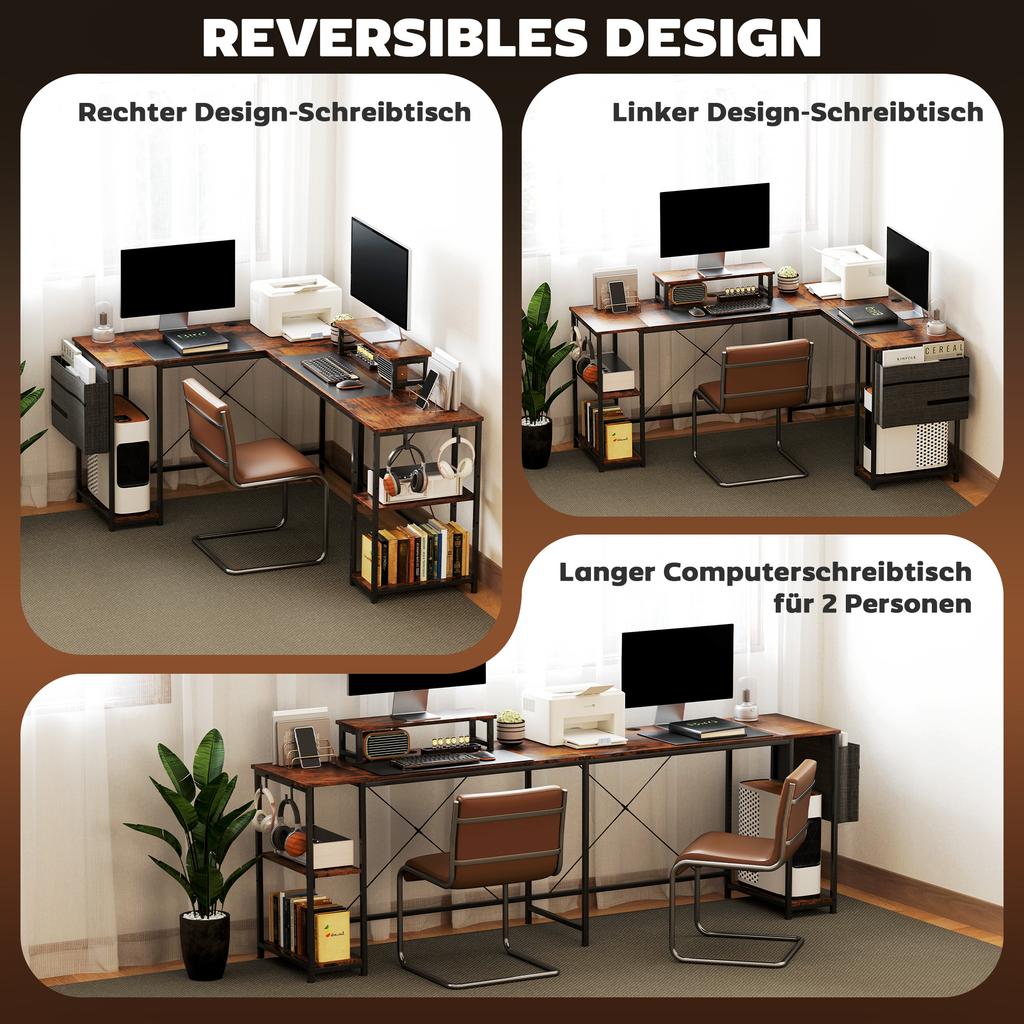 L-Shaped Desk, Versatile Office Desk with Adjustable Shelves and Storage Bag, Monitor Stand, Brown