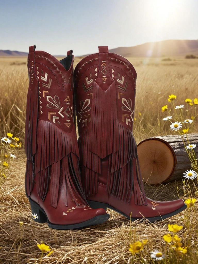 Bestickte Damen Mid-Calf Quasten Westernstiefel Spitzzehe Klobige Absätze Bequem Fransen Retro Vintage Stiefeletten Schuhe