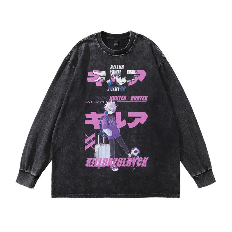 Heavy Weight Cotton Long-Sleeved T-Shirt For Men And Women, Dark Cartoon Print Fried Color, Retro Bottoming Pullover Sweater