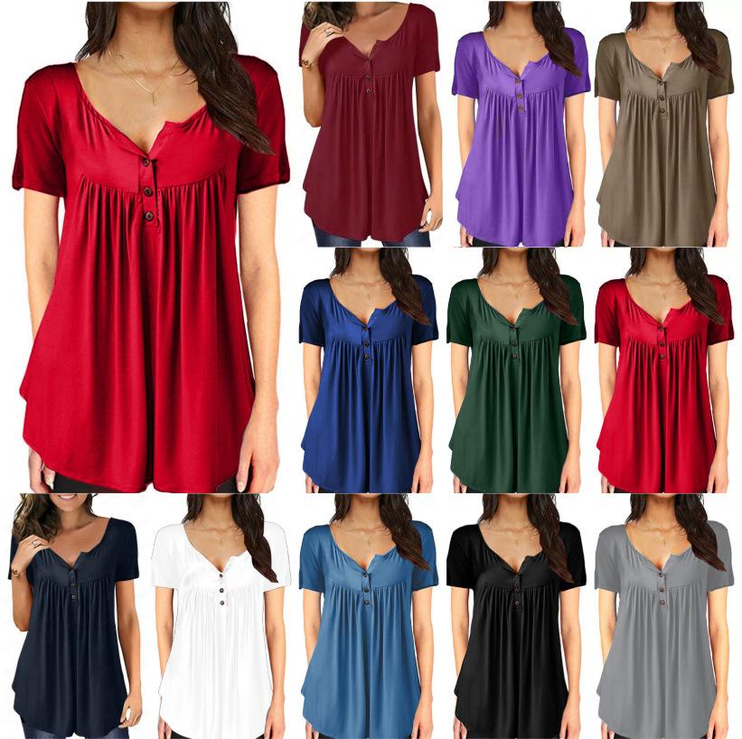 T-shirt d'été pour femme, couleur unie, à boutons, coupe ample, manches courtes
