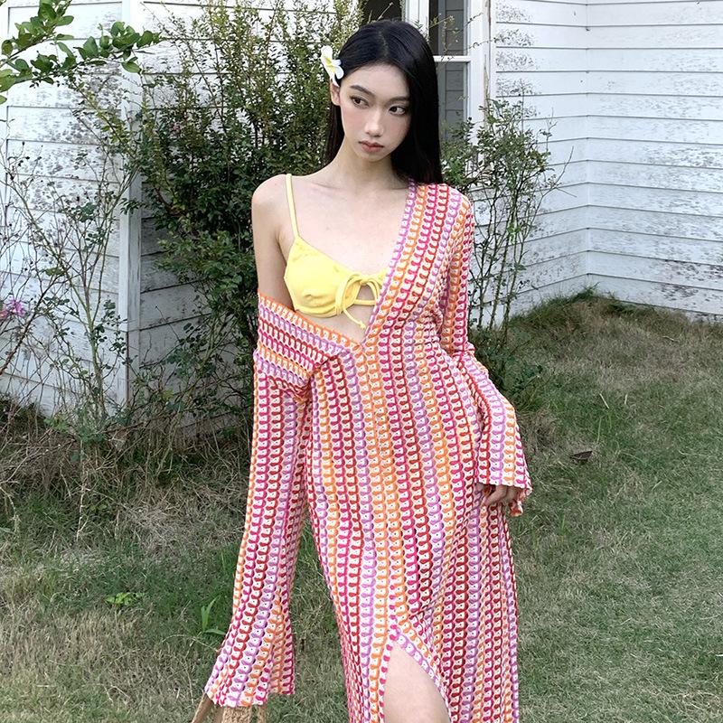 Boho Slimming Knitted Bikini Set with Sunscreen Cover-Up Dress