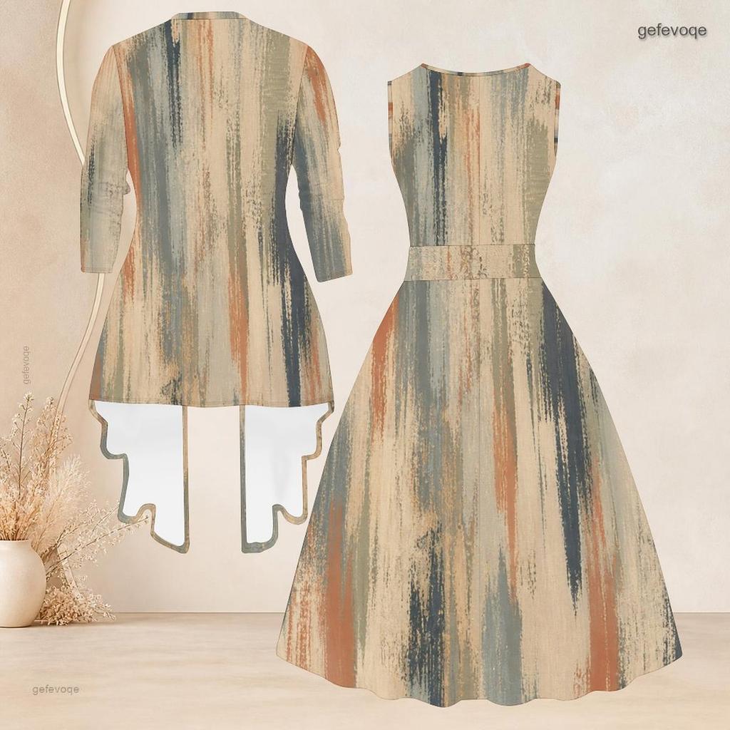Women Plus Size Printed Two Piece Set 3 4 Sleeve Draped Cardigan Sleeveless Tie Waist Flared Dress