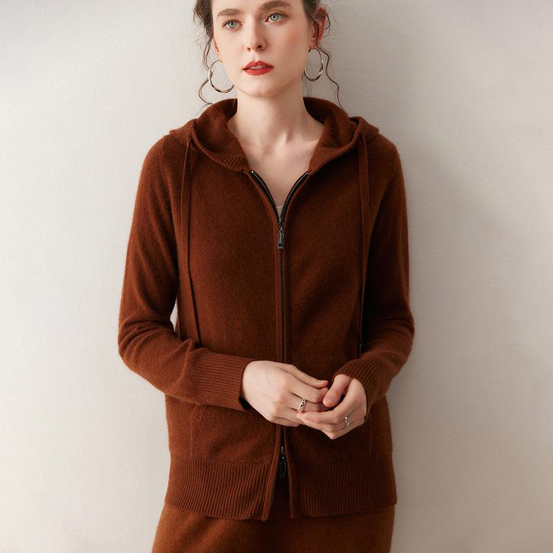 Women's Casual Hooded Cashmere Cardigan with Zipper & Pockets
