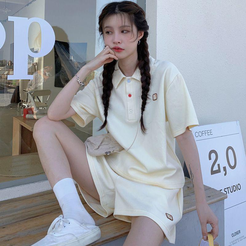 

Women s Korean Style Summer Polo Collar T-shirt and Shorts Set M