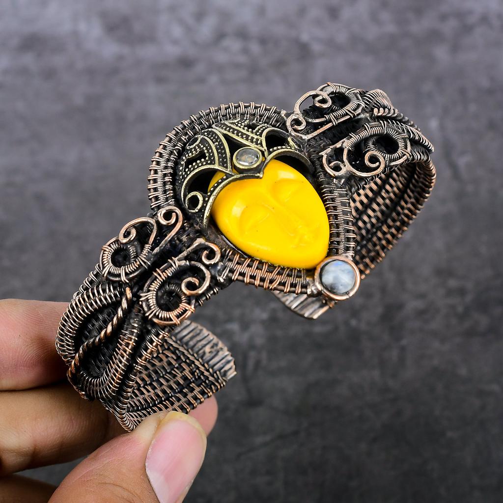 Cameo, Moonstone Handmade Copper Wire Wrap Cuff Bangle Adjustable K4k71