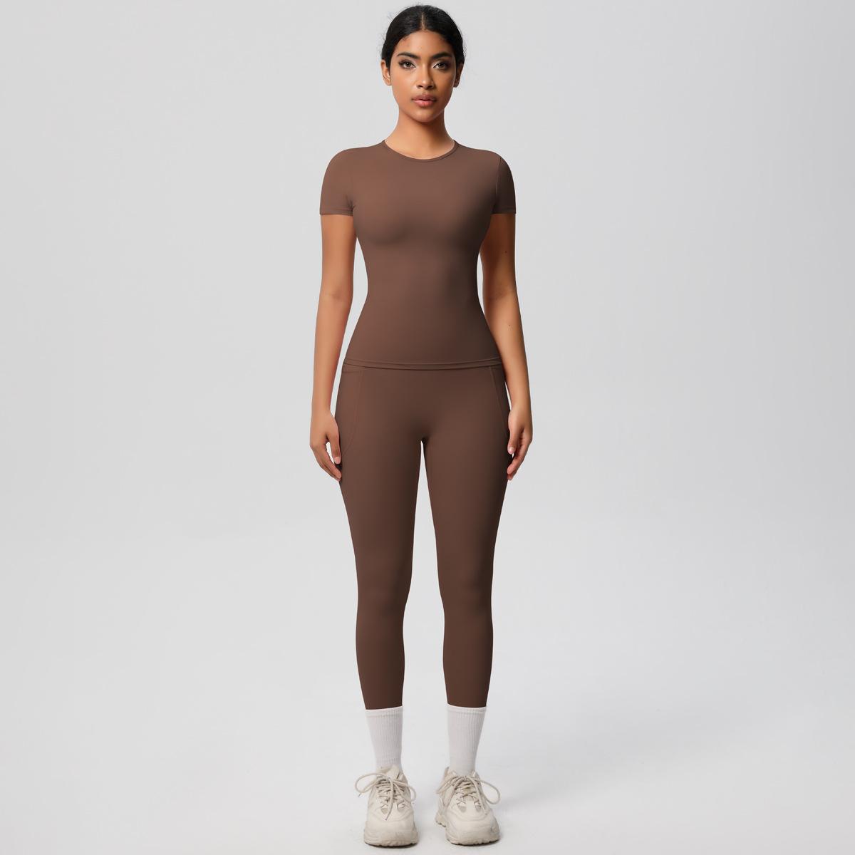 

Solid Color Nude Tight Fitting Brushed Yoga Suit, High Waist And Hip Lifting Fitness Quick Drying Running Set, Two-Piece Set For Women S