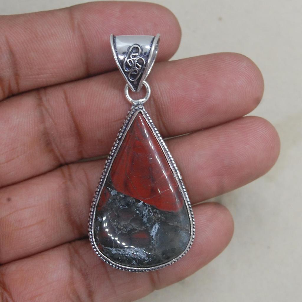 Pear Cab African Bloodstone 925 Sterling Silver Pendant, Designer Boho Pendant