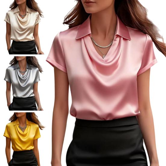 Damen Oberteile Revers Schwingender Kragen Kurzarm Lässiges Hemd Glattes Satin Lockere Passform Sommer Hemd Oberteile Tägliche Kleidung