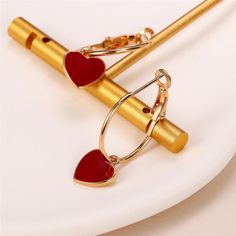 Gold Plated Red Enamel Heart Hoop Earrings, Dainty Love Charm Drop Earrings for Women