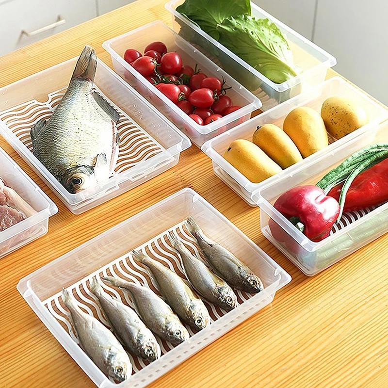 Food Fresh Storage Box Containers Kitchen Fridge Organizer Case Removable Drain Plate Tray for Keep Fruits Vegetables Meat Fish