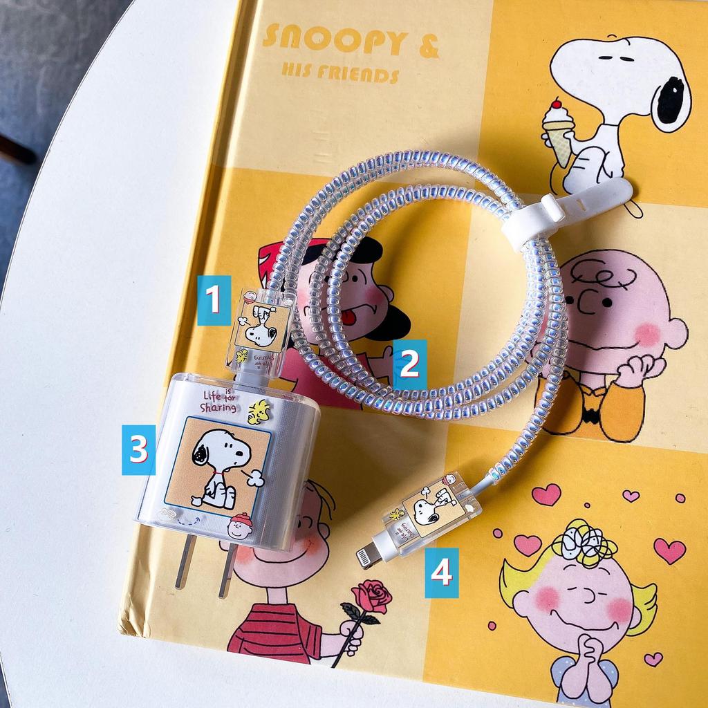 Apple Data Cable Protection Kit: 20W Charging Head, Transparent Cartoon Design, 4-Piece Set