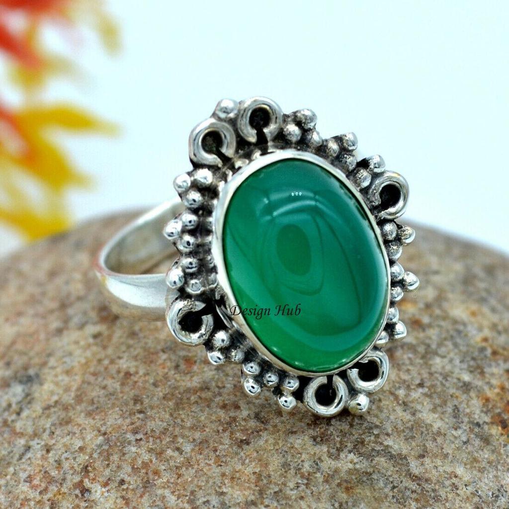 Natural Green Onyx Gemstone Solid 925 Sterling Silver Jewelry Women Ring For Gift