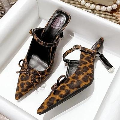 Elegant Leopard Mid Heels Bow Slippers Fashion Sandals  Summer Pointed Toe Sexy Pumps Women Shoes Dress Designer Zapatillas