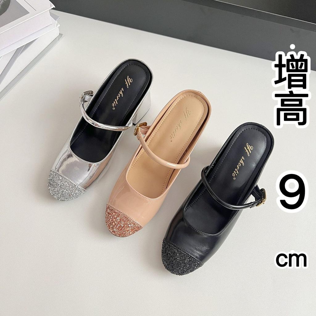 Inner height-increasing women's shoes sequined round head with slippers women's 2025 spring new temperament thick heel Mary Jane sandals