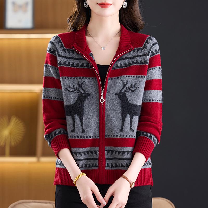 Stylish Jacquard Knit Zipper Cardigan for Women - Age-Defying Mid-High Collar Sweater Coat