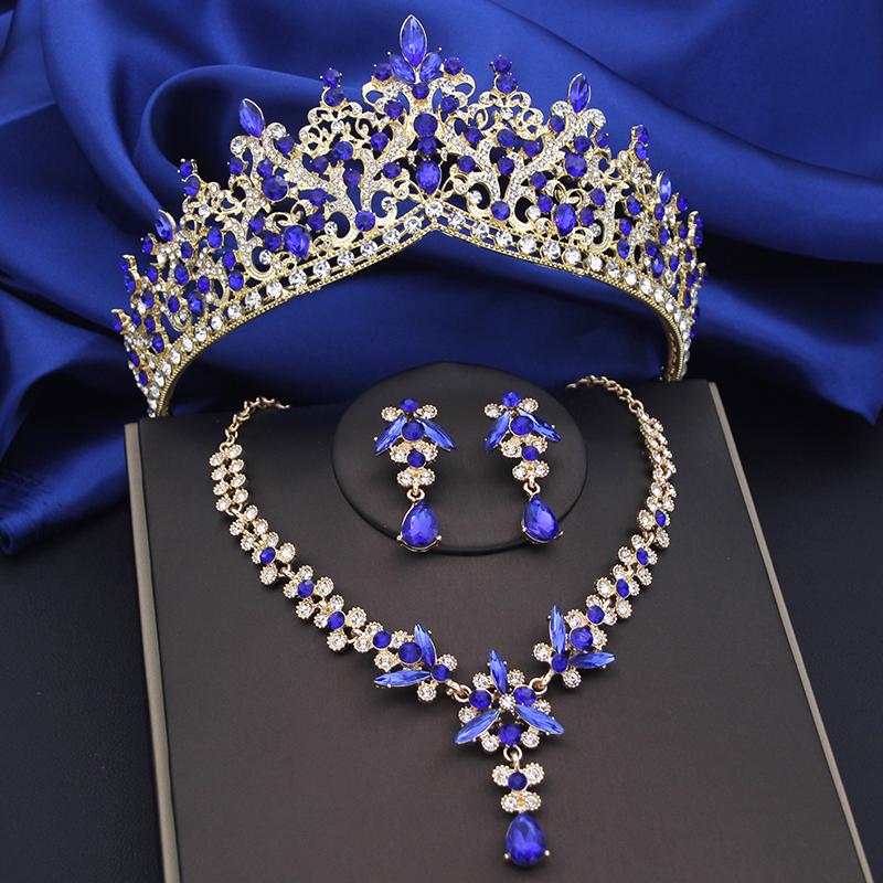 Purple Crystal Bridal Jewelry Sets Women Tiaras Bride Necklace Earrings for Wedding Crown Jewelry Set Prom