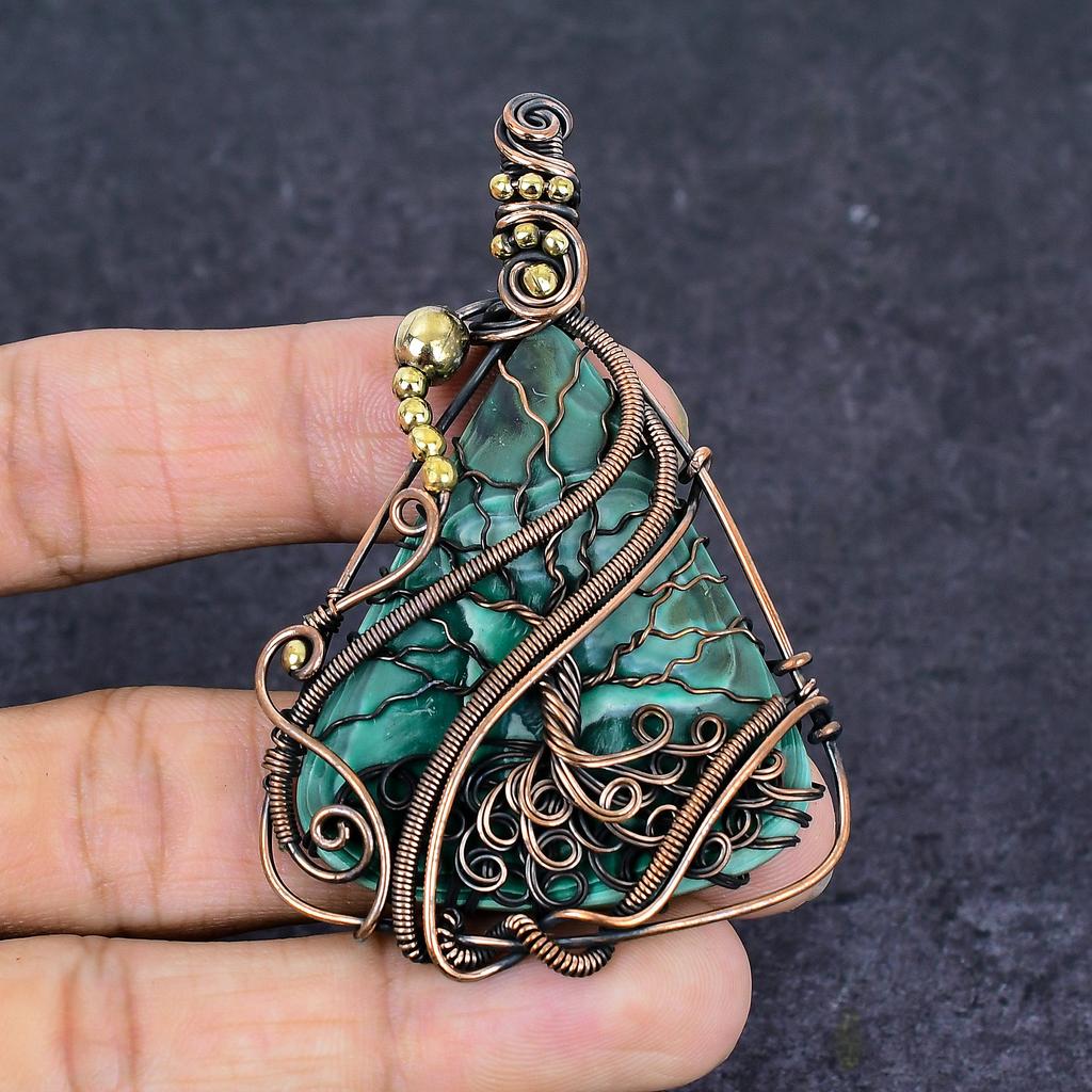Natural Malachite Gemstone Handmade Copper Wire Wrap Jewelry Pendant 2.84" W3d01