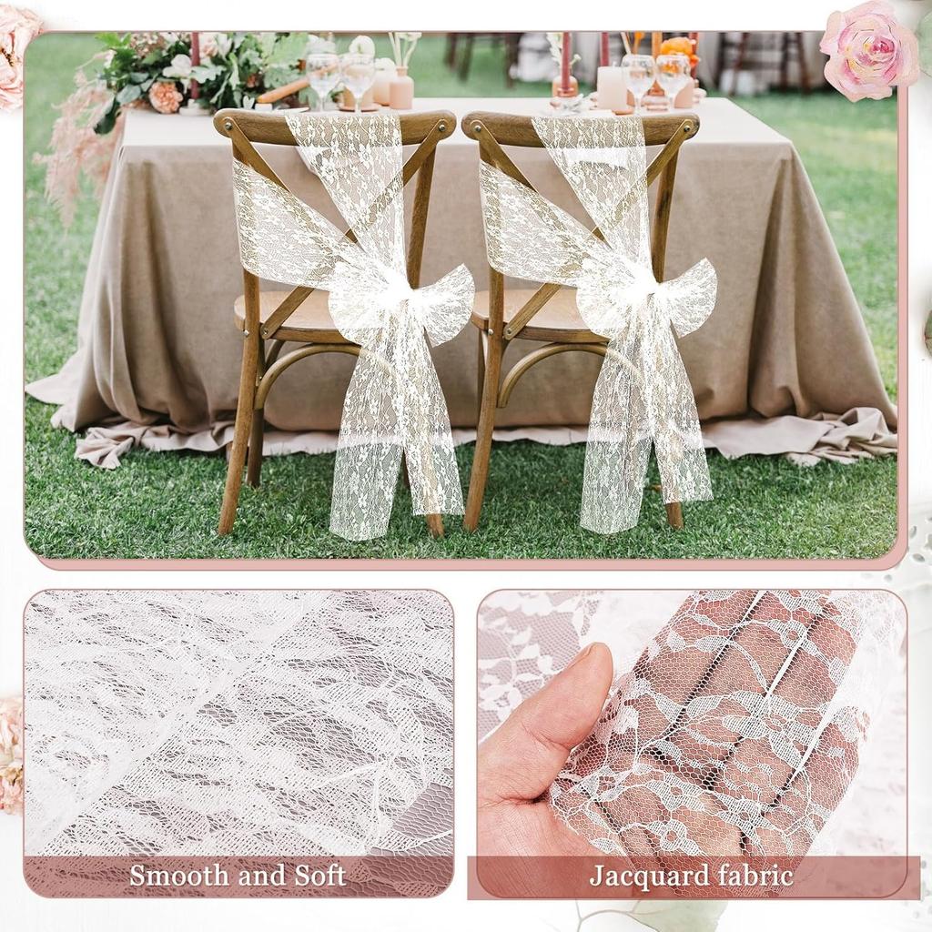 10Pcs 18x275cm White Lace Chair Sashes Boho Bows Rustic Chair Ties Slipcovers for Wedding Baby Shower Birthday Party Table Decor