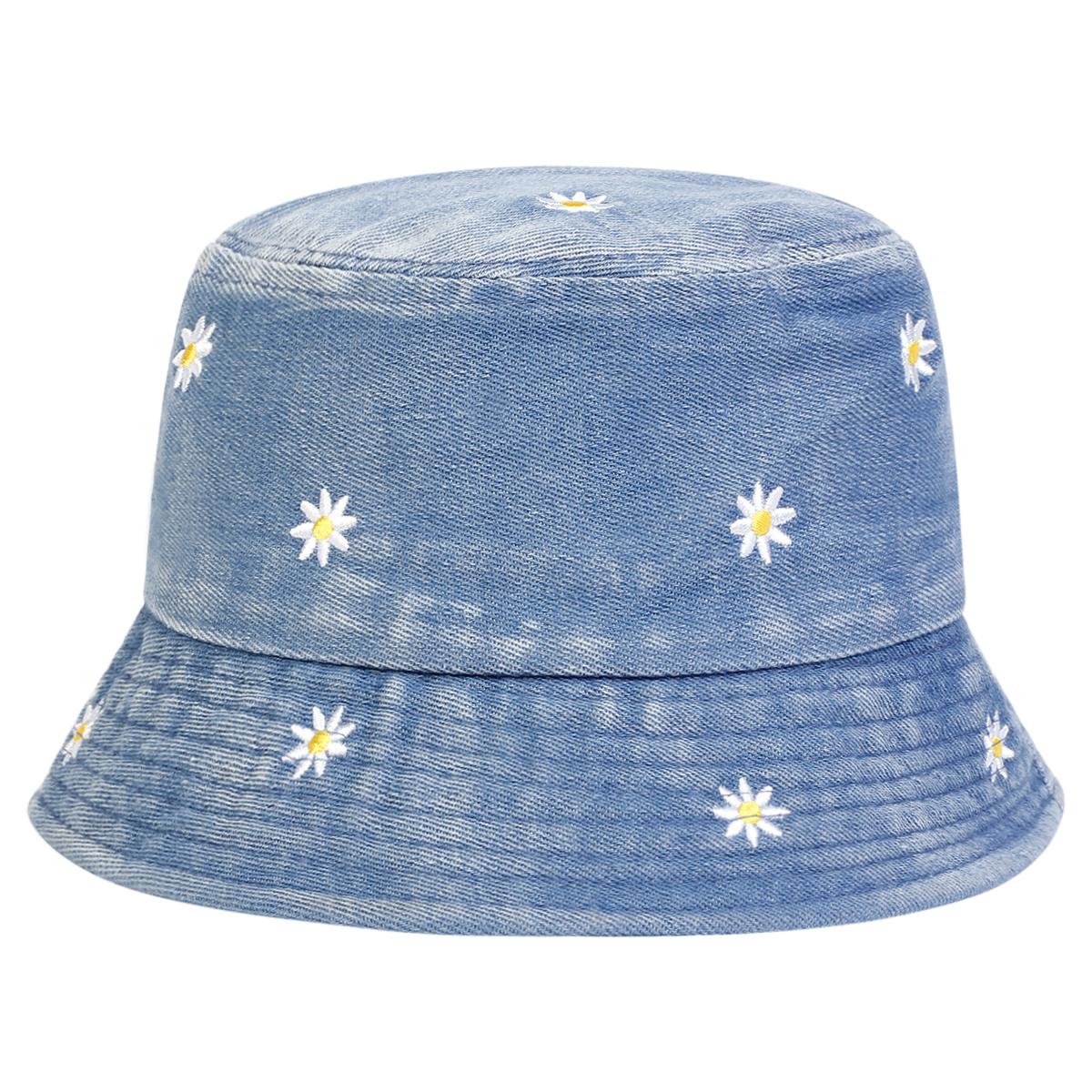 

Unisex Daisy Embroidery Denim Bucket Hats Fishermen Caps Outdoor Casual Cap Sunscreen Hat синій