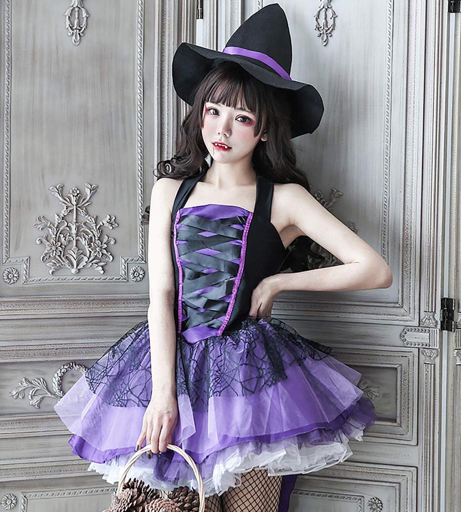 [Milky Time] Witch Halloween Cosplay with Hat, Gothic Lolita Dress, Sexy, Adult, Mini Dress, Purple