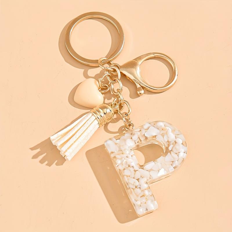 26 Iniciais Alfabeto A a Z Chaveiro de Letra Borla em Forma de Coração Bege Argolas de Chave Moda Enfeite Pendurado para Bolsa Bugiganga de Carro Presentes