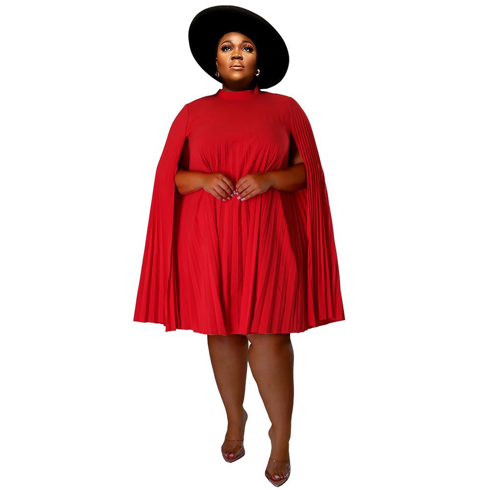 

Plus Size Pleated Short Skirt Dress with Bell Sleeves - Casual or Formal Wear 3XL красный