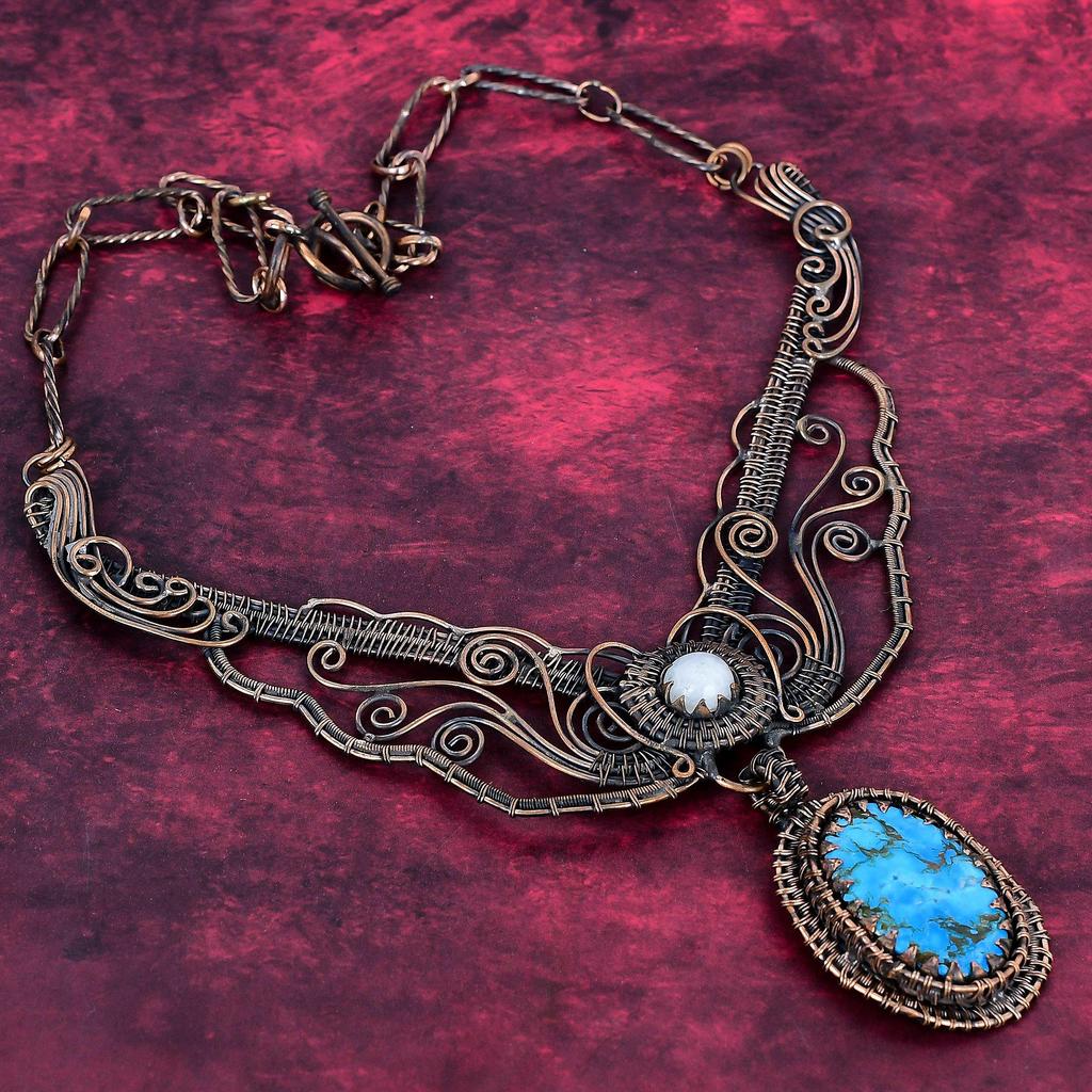 Tibetan Turquoise Gemstone Necklace Copper Wire Wrap Moonstone Jewelry Adjustable Necklace