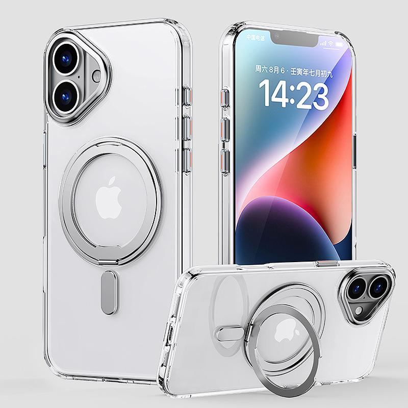 TM for IPhone 16 Magnetic Transparent Phone Case Rotating Stand Anti Drop for Apple 15PRO Protective Cover
