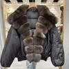 Womens Short Down Coat With Real Fox Fur Collar 90% White Duck Fill V-Neck Mid-Length Winter Outerwear