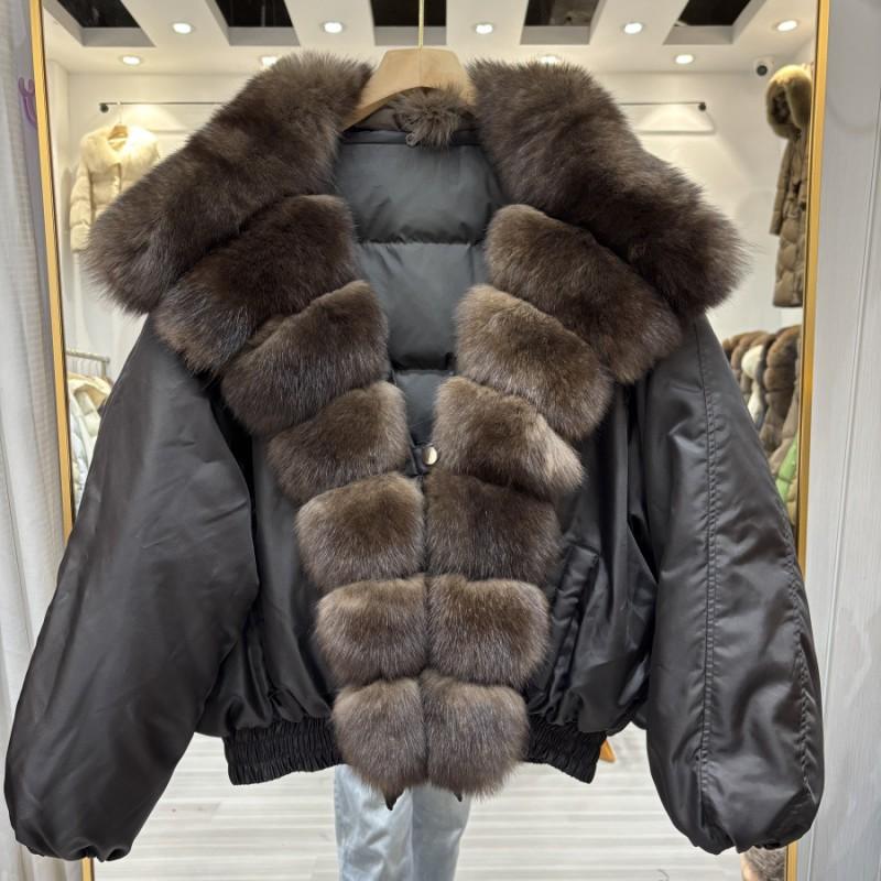 Womens Short Down Coat With Real Fox Fur Collar 90% White Duck Fill V-Neck Mid-Length Winter Outerwear