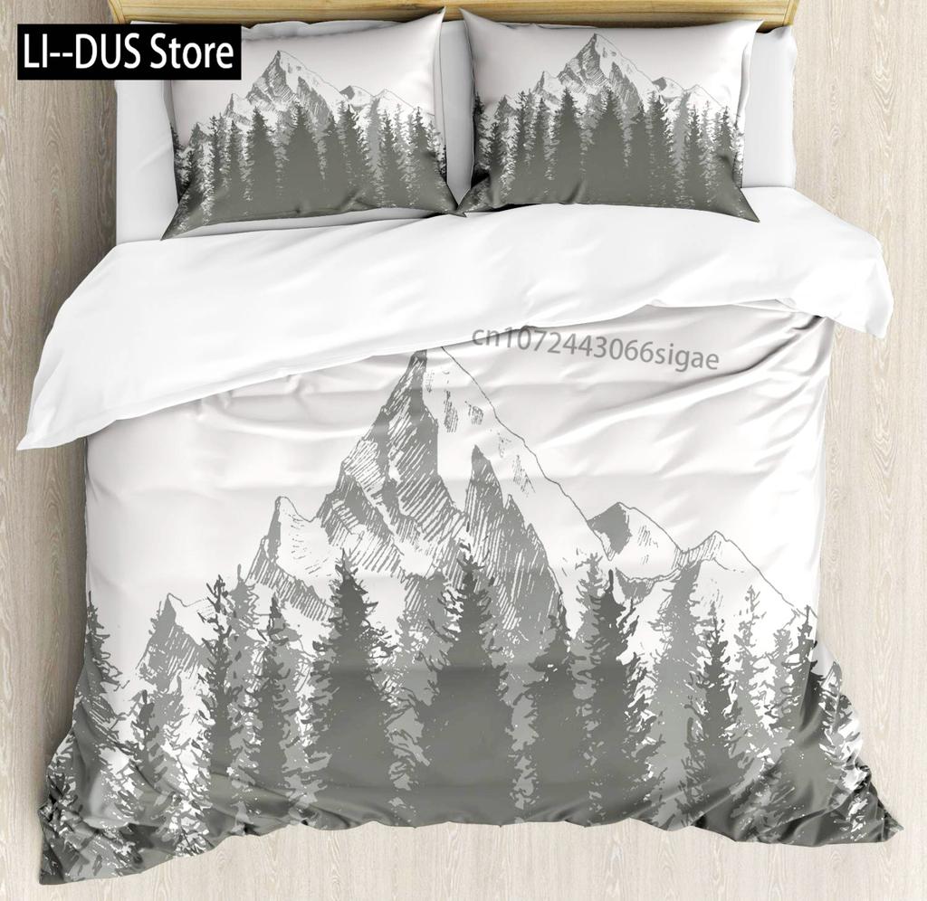 Pine Trees in The Forest Duvet Cover Set Foggy Decorative 3 Piece Bedding Set with 2 Pillow Shams Queen Full Size Warm Taupe