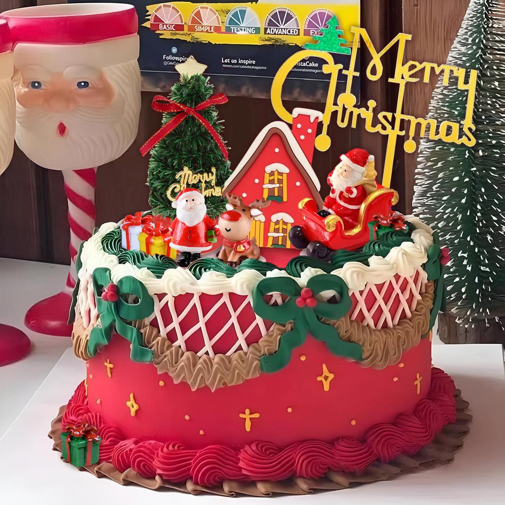 Christmas Cake Topper with Craft Christmas Tree Mini Santa Sleigh Reindeer, Snowman Cake Decoration and Xmas Party Ornaments