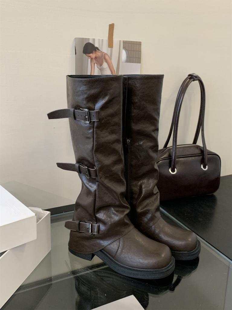 Thick-soled Coffee-colored Long Tube Knight Boots Women's Shoes 2025 New Autumn and Winter Trousers Stacking Boots Medium Tube Thin Long Boots