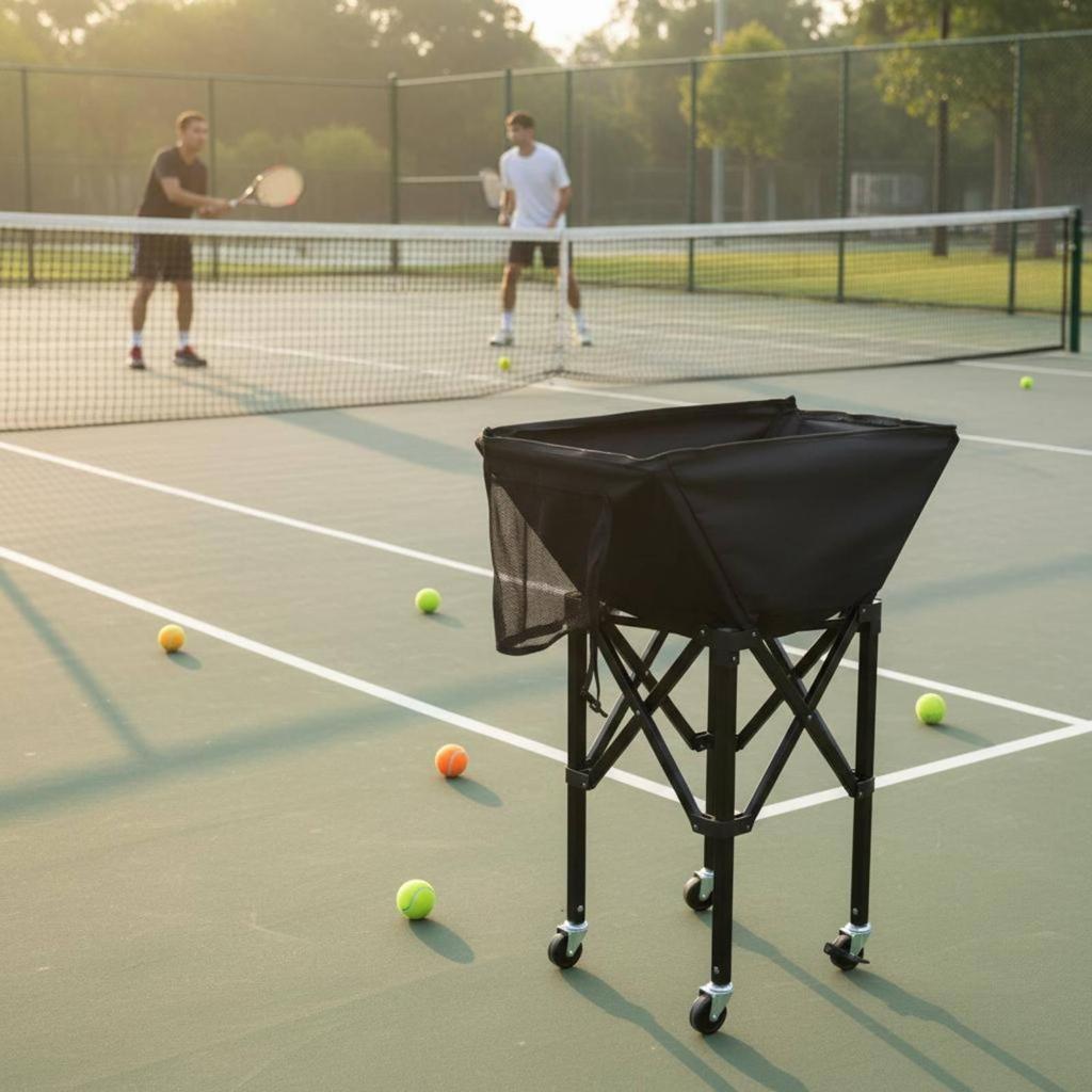 Portable Tennis Ball Cart with Swivel Wheels Folding Basket Organizer for