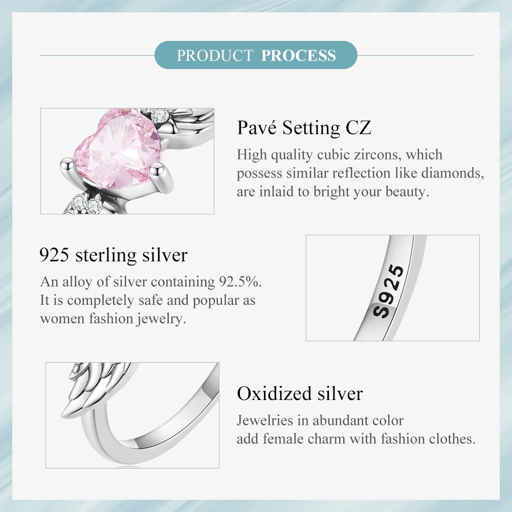 BAMOER 925 Silver Angel Wing Ring for Women Retro Feather Pink Heart Zircon Eternity Band Ring Anniversary Jewelry Gift