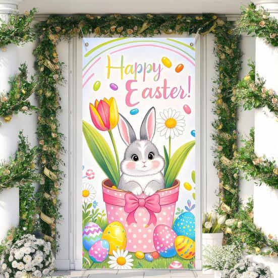 Ostern Türbanner Frühlingshase Karotte Eier Veranda Schild Große Haustür Wand Kulisse für Innen Außen Frühlingsfest Dekoration Fotokabine Requisiten