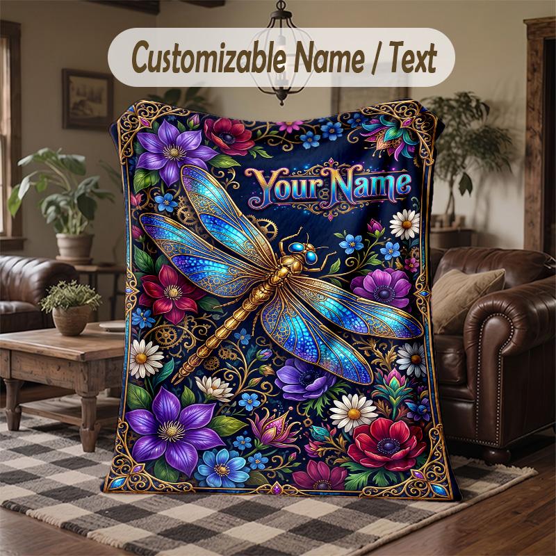 Dragonfly Dreams Bloom 1 Theme Throw Blanket Custom Name Text Personalized Blanket Soft Cozy Blanket for Home Sofa Bed