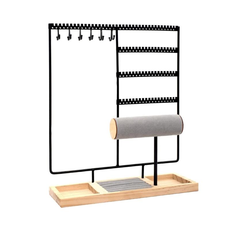 

Elegant Necklace Stand and Jewellery Organizers Flannel Rings Holder with Wood Base for Accessories Display Black чорний