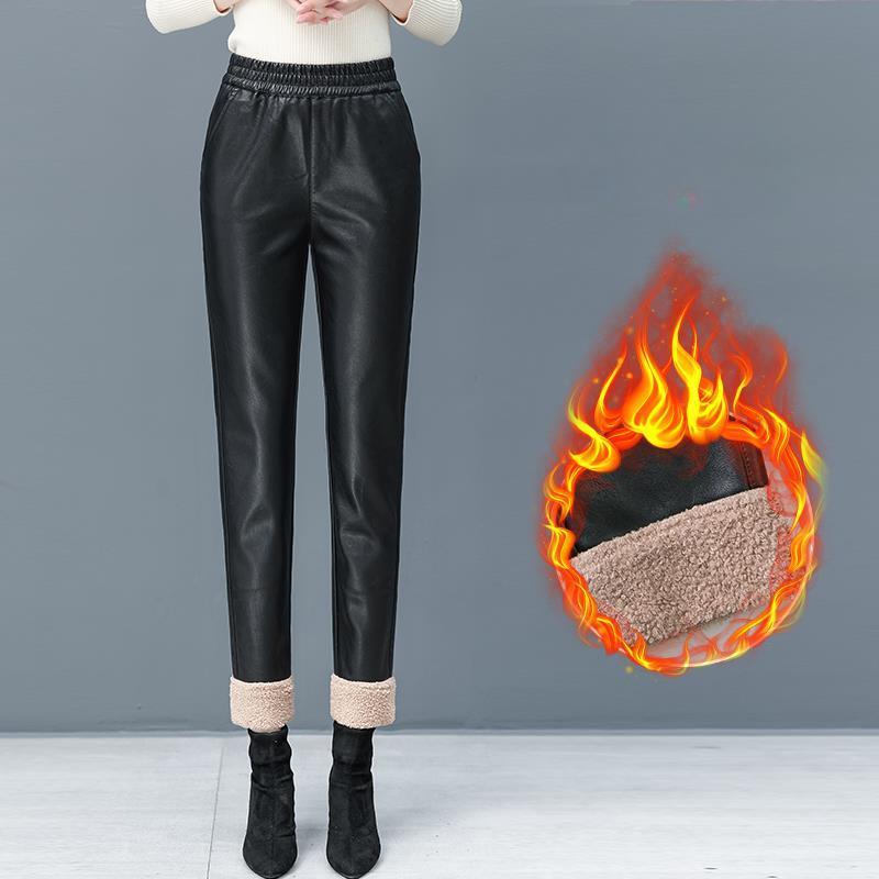 

Брюки из утолщенной искусственной кожи, женские зимние свободные повседневные широкие брюки с эластичной резинкой и высокой талией, черные шаровары с девятью точками 2XL хаки