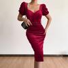 Belt Waist Tight Hip Wrap Skinny Elegant Dress Square Collar Puff Short Sleeve Bodycon Gown Dress Female Clothing