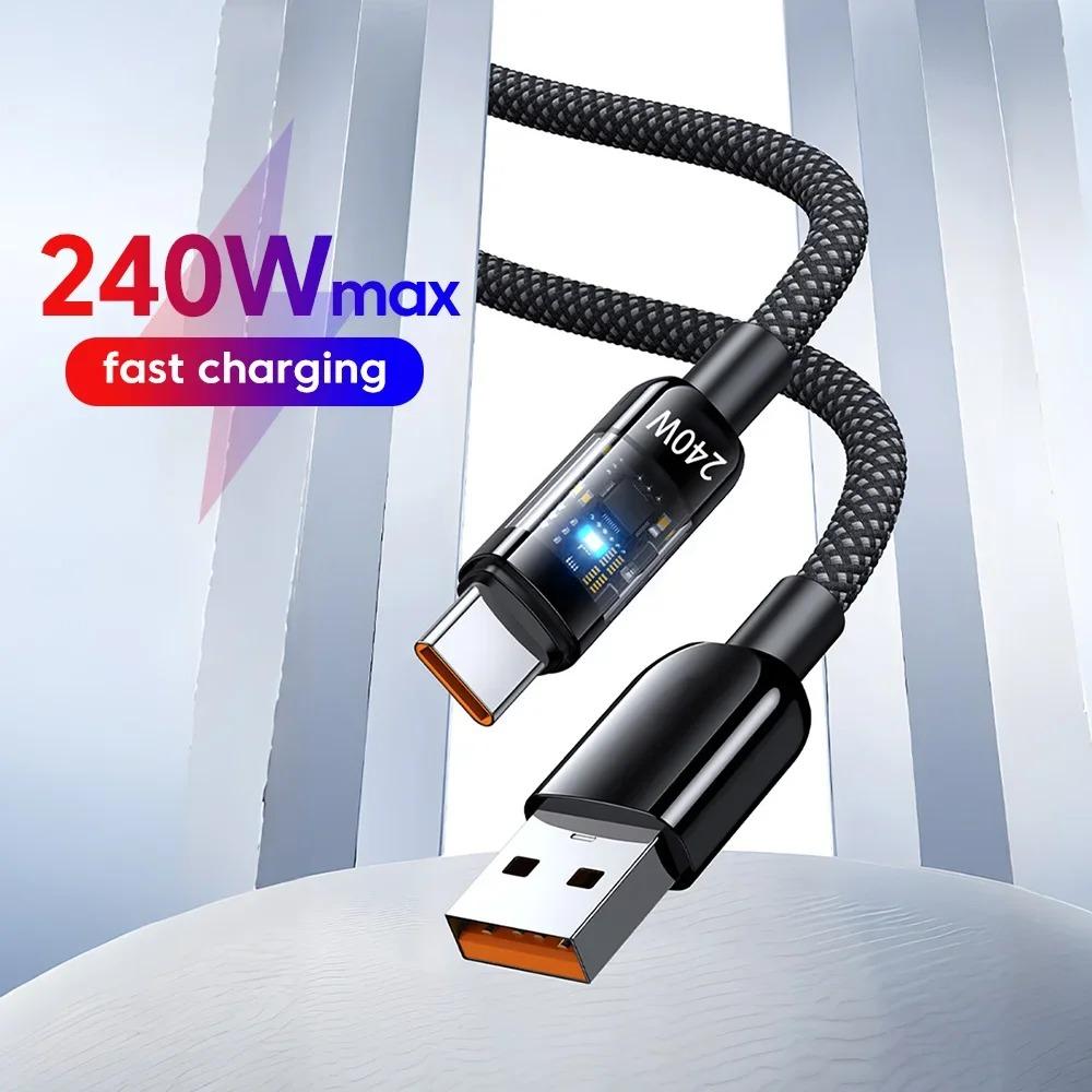 240W Nylon USB Type C Super Fast Charging Data Cable with LED Indicator Light Quick Charge USB C Cords For Samsung Xiaomi Huawei