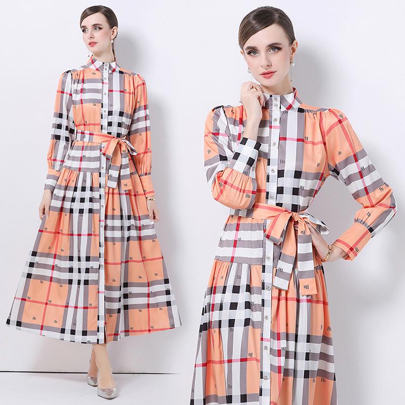 Real Shot: Elegant European & American Court-Style Stand Collar Printed Dress M
